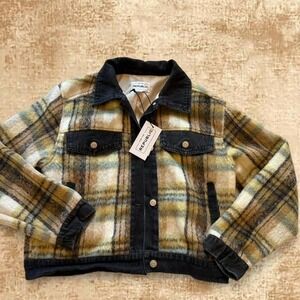 For The Republic Plaid Fuzzy Shacket Denim Trim Button Front Jacket Blue Green M